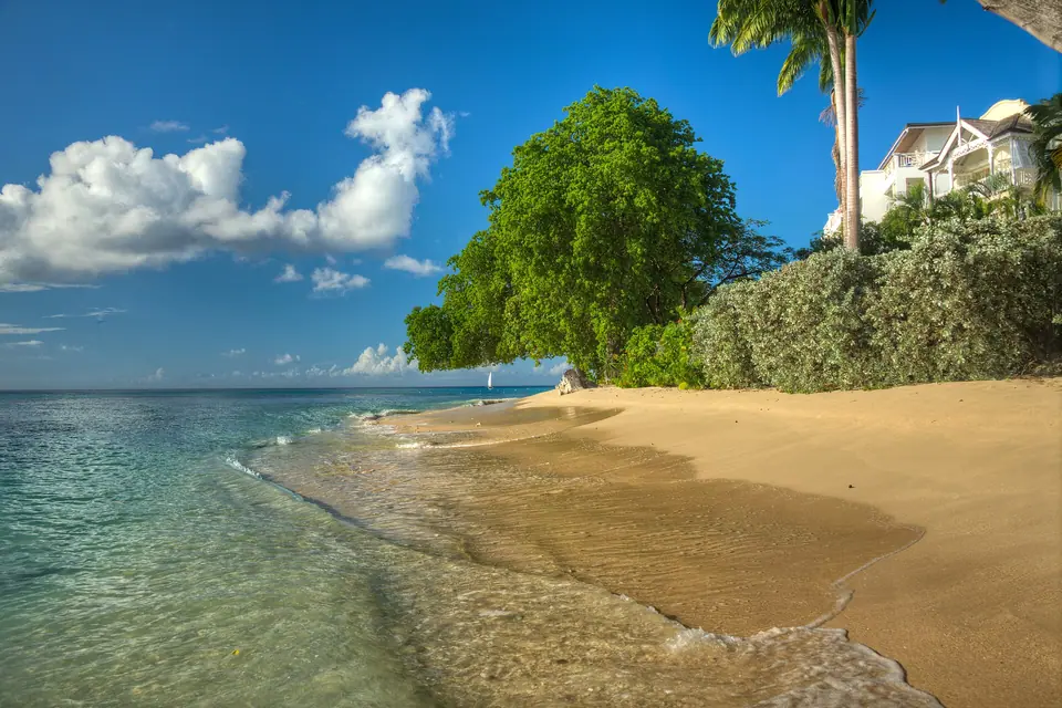 Calm turquoise water and powdery sand at Paynes Bay on Barbados' west coast, with trees and a villa above the beach