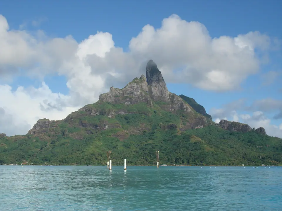 Mount Otemanu rising above the turquoise lagoon of Bora Bora, French Polynesia