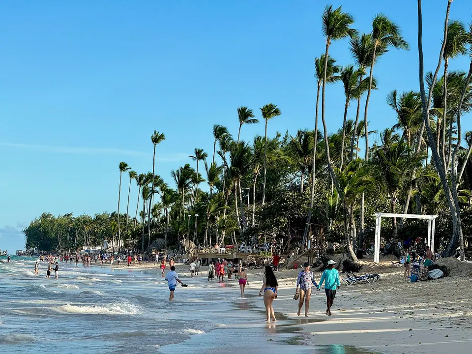 Tall coconut palms over Bávaro beach in Punta Cana with swimmers in the shallow water